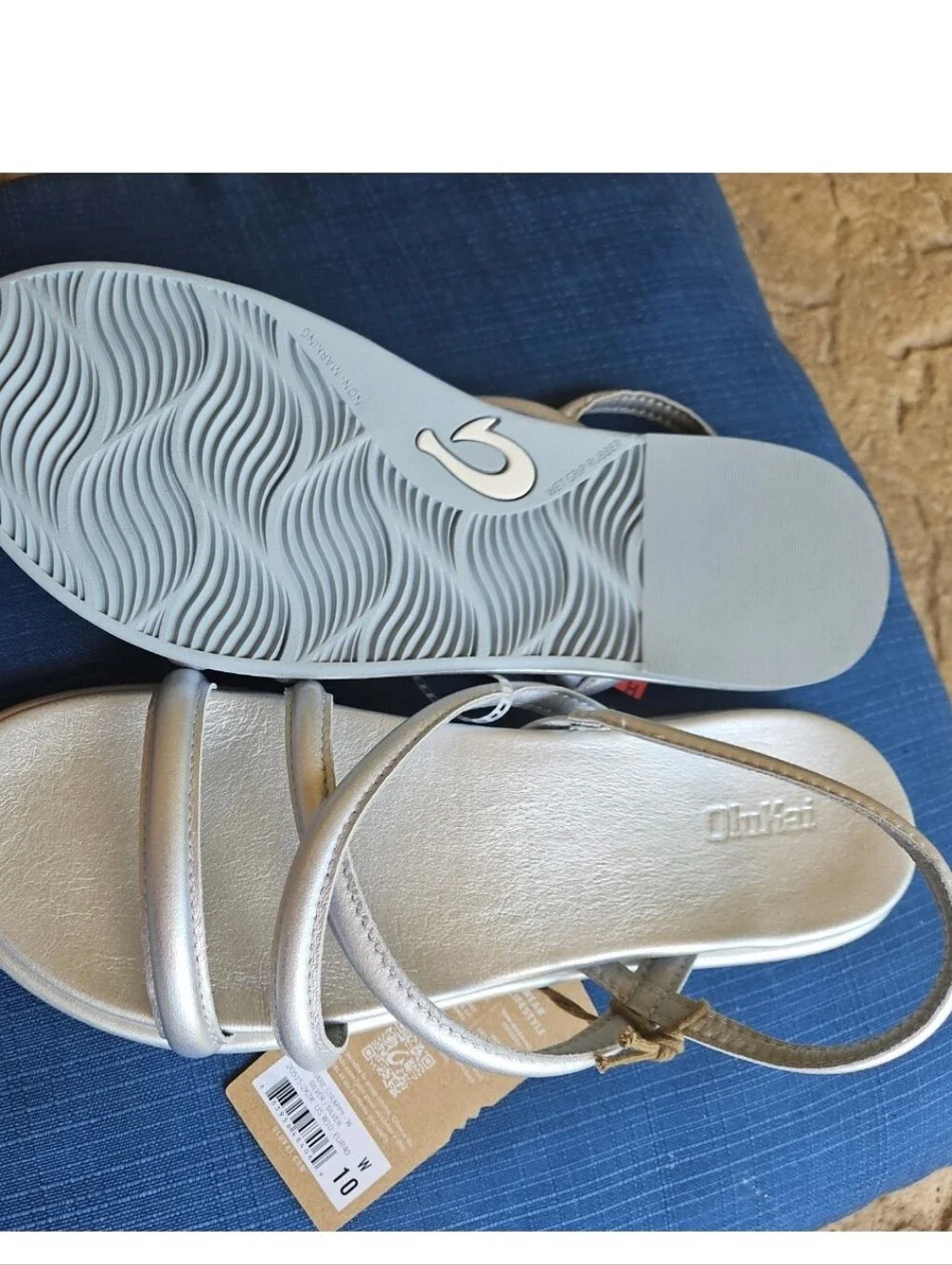 OluKai Tiare Leather Strappy Slingback Sandals In Silver Sz 10, EU 40